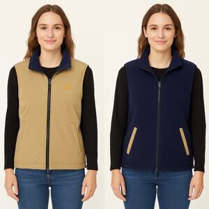 Mahr Womens Reversible Vest Size S Tan Navy Fleece Zip Pockets Outdoor